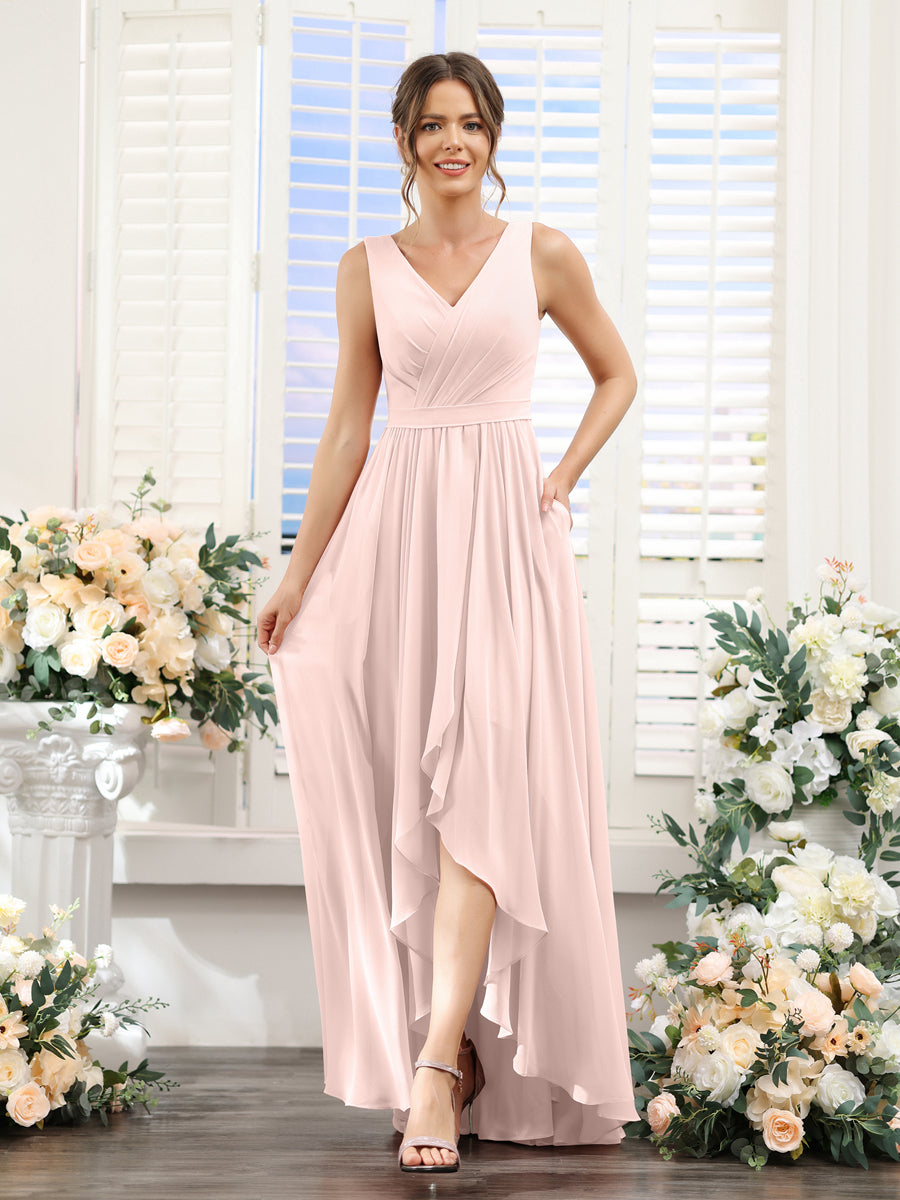 A-Linie V-Ausschnitt Ärmellos Gerüscht Asymmetrisch Chiffon-Brautjungfernkleider