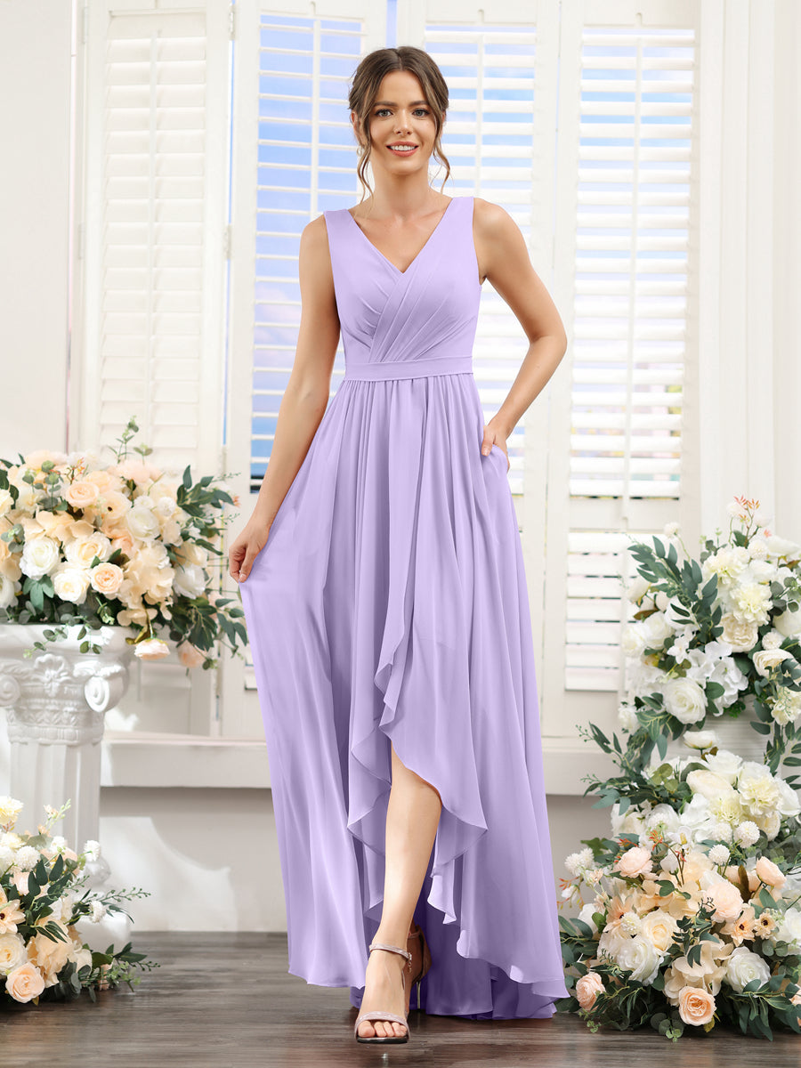 A-Linie V-Ausschnitt Ärmellos Gerüscht Asymmetrisch Chiffon-Brautjungfernkleider
