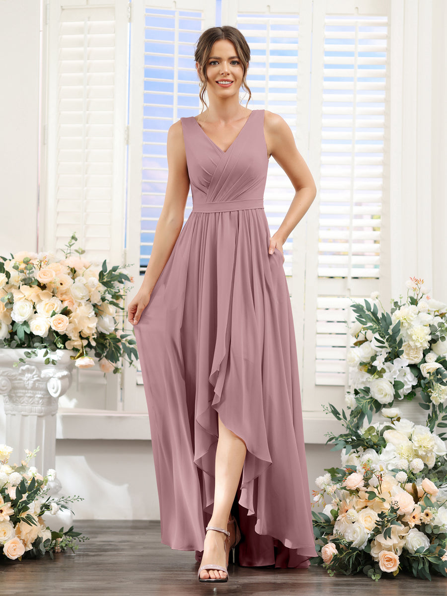 A-Linie V-Ausschnitt Ärmellos Gerüscht Asymmetrisch Chiffon-Brautjungfernkleider