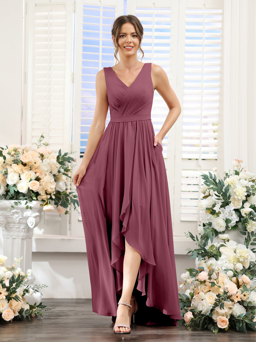 A-Linie V-Ausschnitt Ärmellos Gerüscht Asymmetrisch Chiffon-Brautjungfernkleider