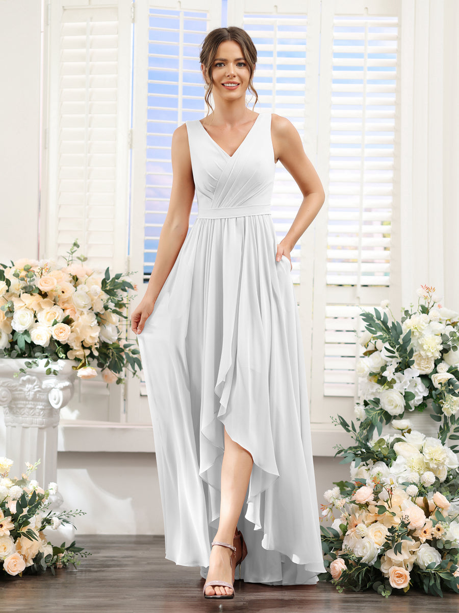 A-Linie V-Ausschnitt Ärmellos Gerüscht Asymmetrisch Chiffon-Brautjungfernkleider