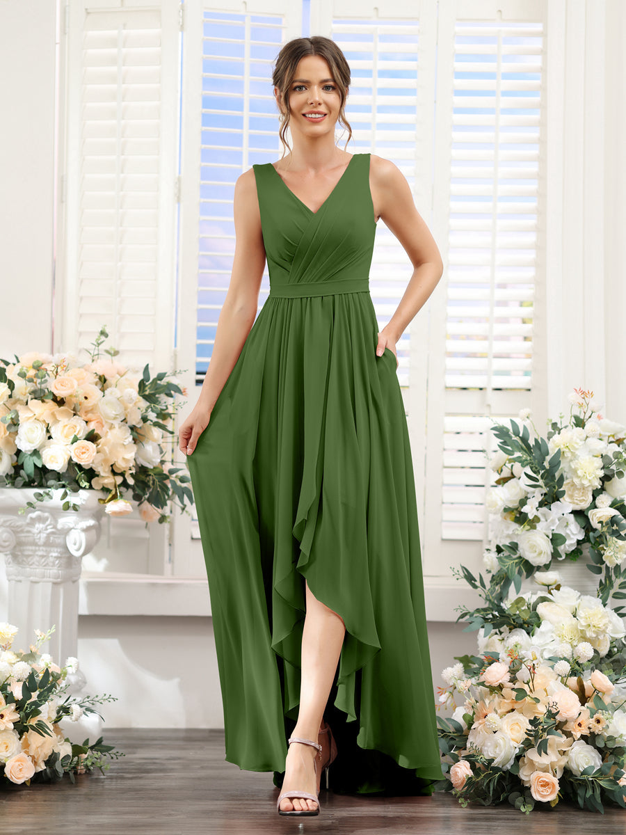 A-Linie V-Ausschnitt Ärmellos Gerüscht Asymmetrisch Chiffon-Brautjungfernkleider