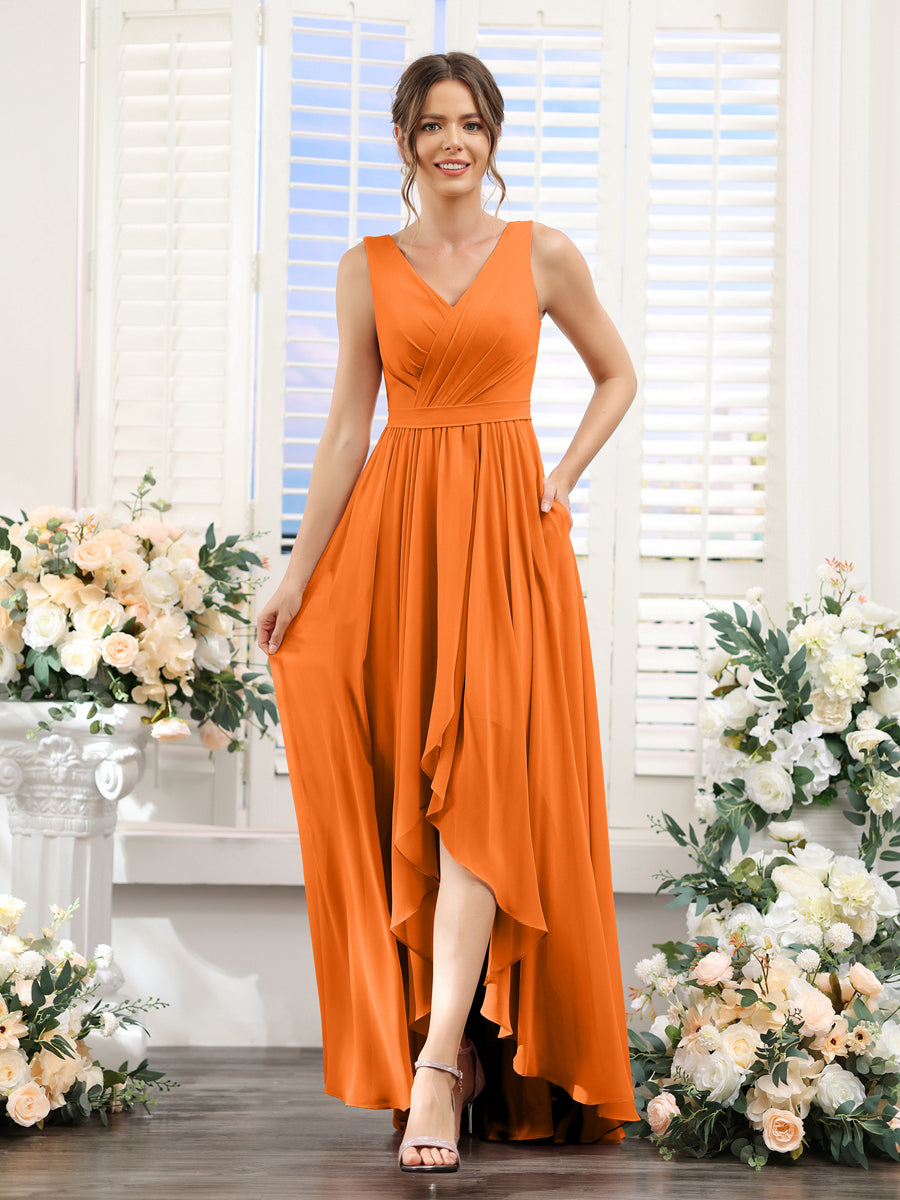 A-Linie V-Ausschnitt Ärmellos Gerüscht Asymmetrisch Chiffon-Brautjungfernkleider