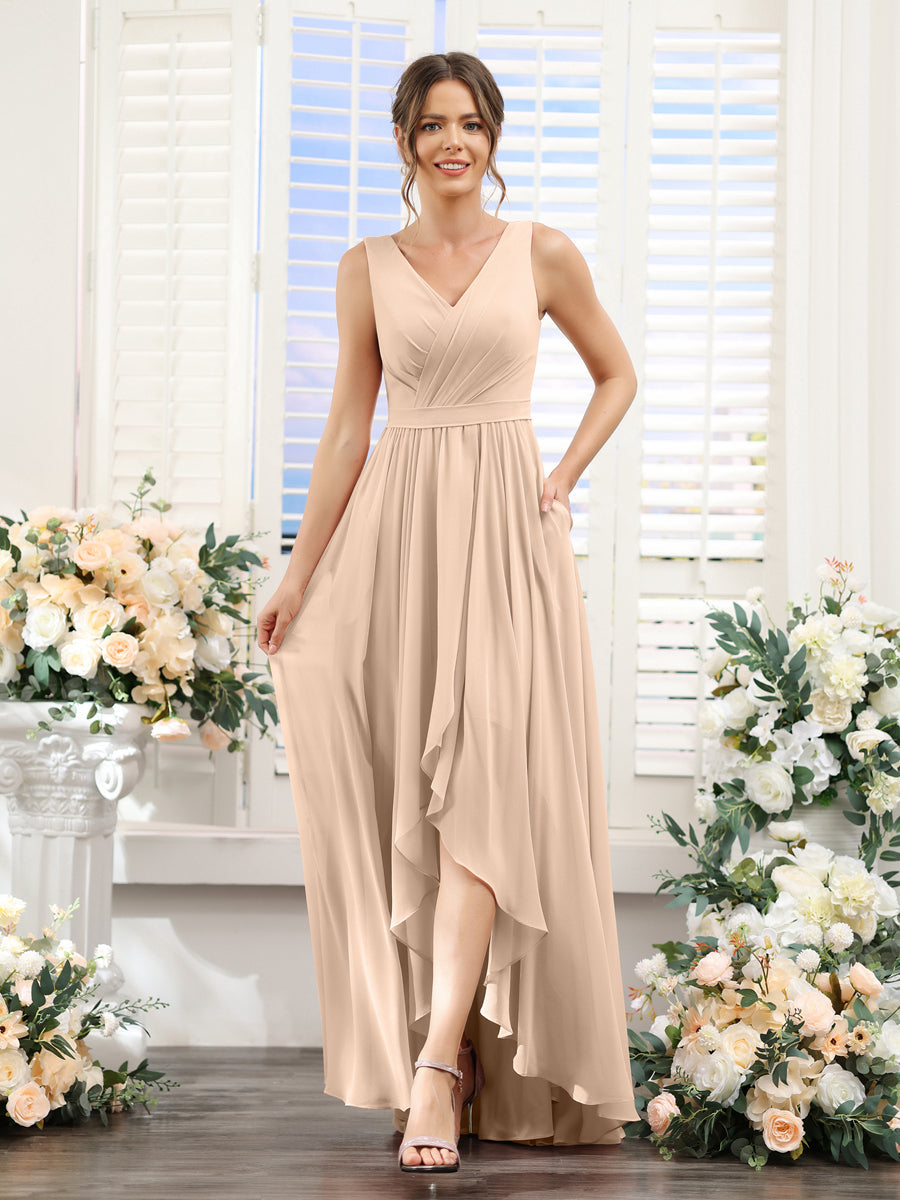 A-Linie V-Ausschnitt Ärmellos Gerüscht Asymmetrisch Chiffon-Brautjungfernkleider