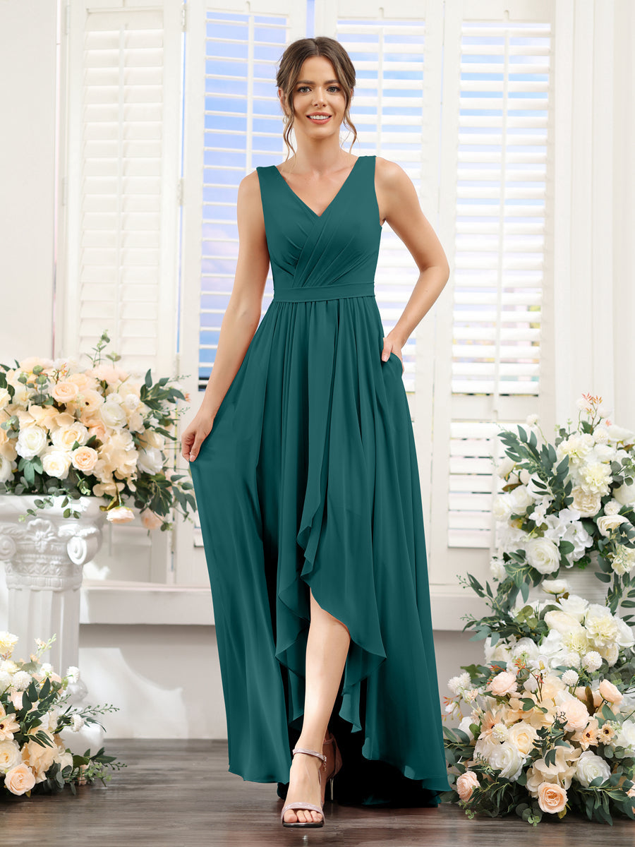A-Linie V-Ausschnitt Ärmellos Gerüscht Asymmetrisch Chiffon-Brautjungfernkleider