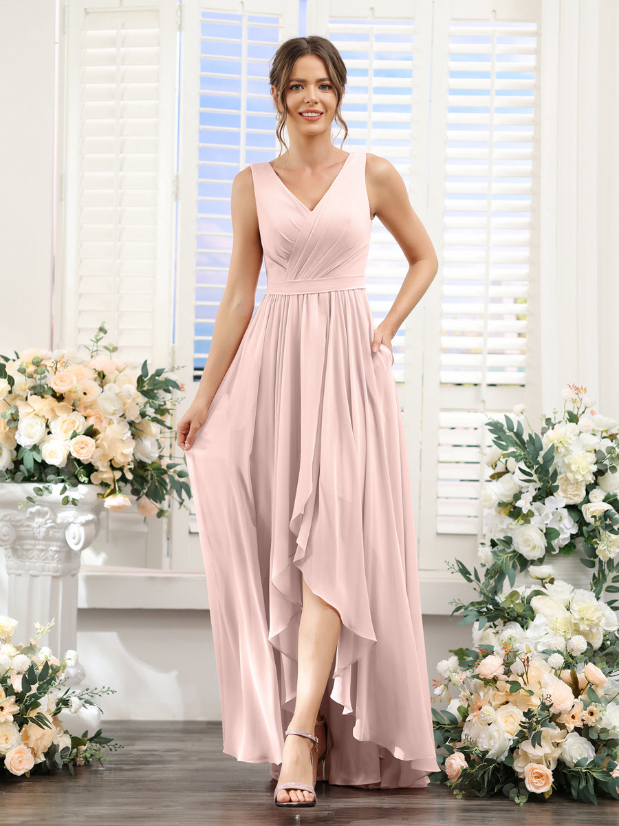 A-Linie V-Ausschnitt Ärmellos Gerüscht Asymmetrisch Chiffon-Brautjungfernkleider