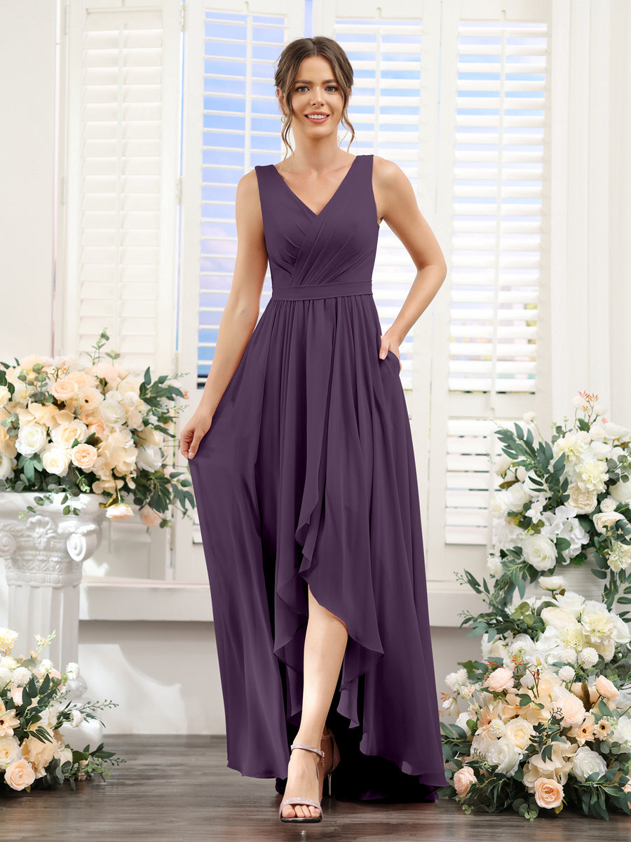 A-Linie V-Ausschnitt Ärmellos Gerüscht Asymmetrisch Chiffon-Brautjungfernkleider