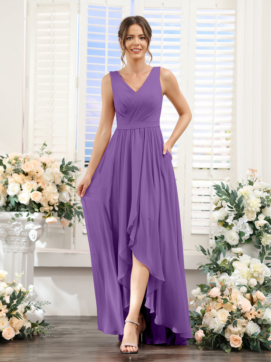 A-Linie V-Ausschnitt Ärmellos Gerüscht Asymmetrisch Chiffon-Brautjungfernkleider