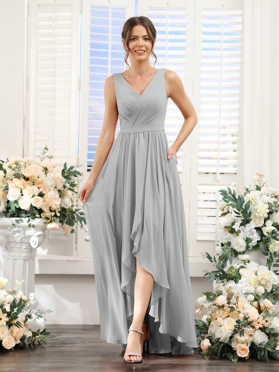 A-Linie V-Ausschnitt Ärmellos Gerüscht Asymmetrisch Chiffon-Brautjungfernkleider