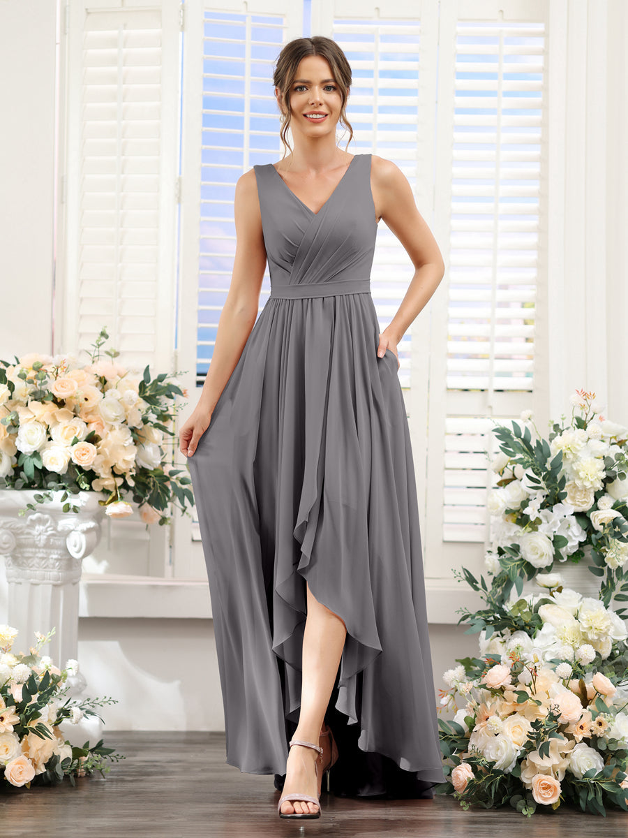 A-Linie V-Ausschnitt Ärmellos Gerüscht Asymmetrisch Chiffon-Brautjungfernkleider