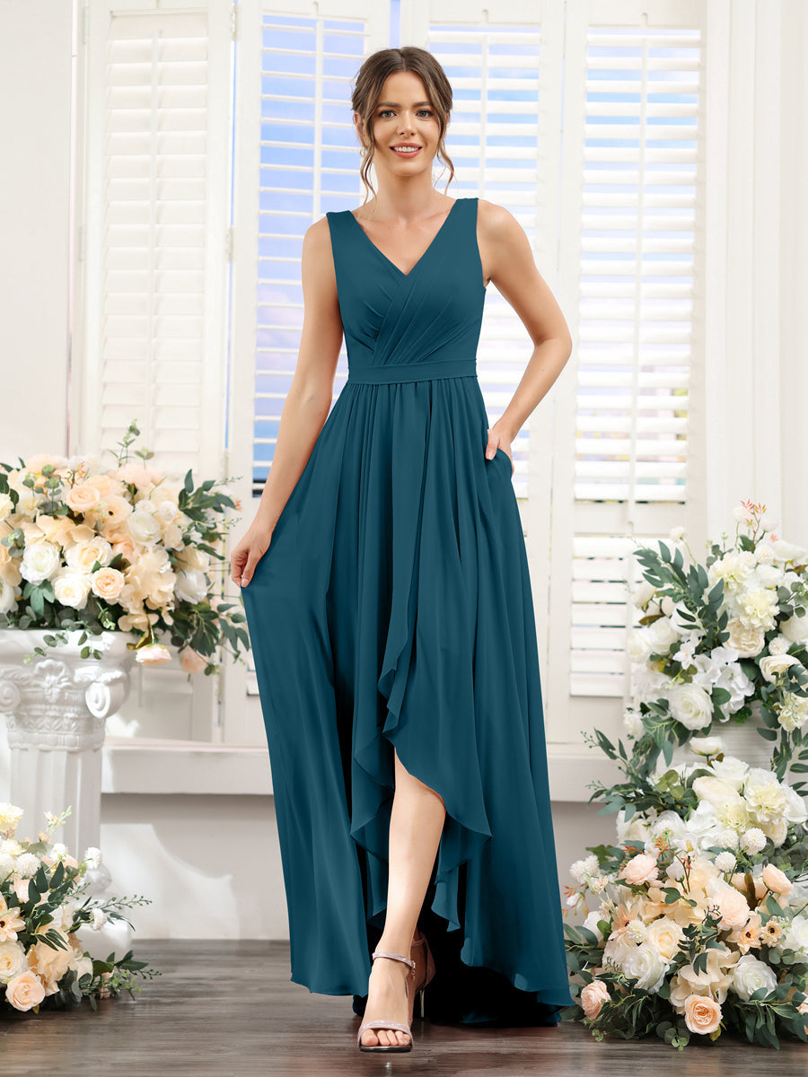 A-Linie V-Ausschnitt Ärmellos Gerüscht Asymmetrisch Chiffon-Brautjungfernkleider
