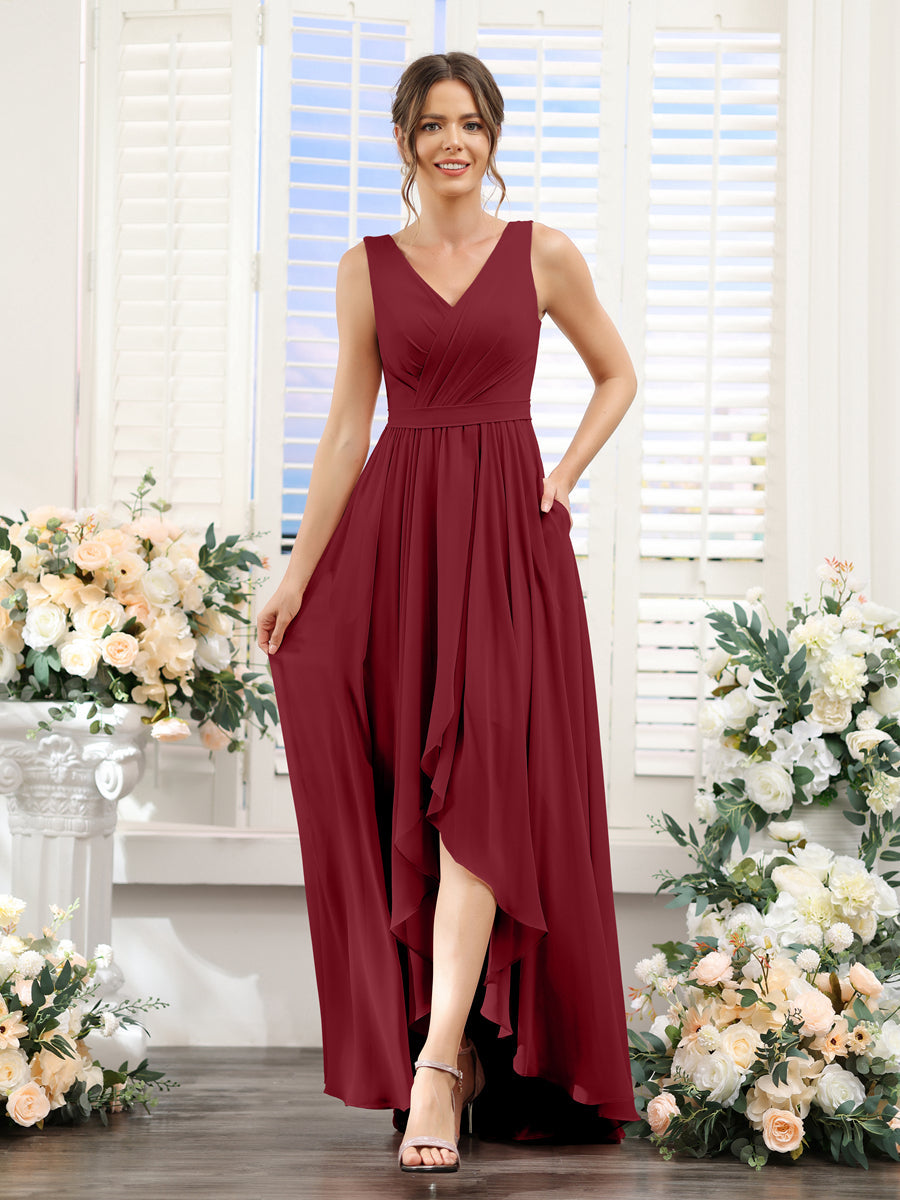 A-Linie V-Ausschnitt Ärmellos Gerüscht Asymmetrisch Chiffon-Brautjungfernkleider