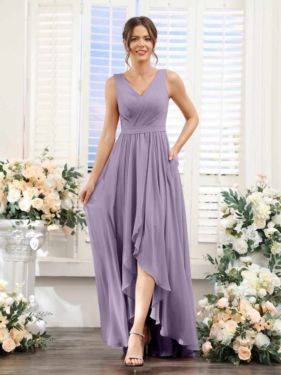 A-Linie V-Ausschnitt Ärmellos Gerüscht Asymmetrisch Chiffon-Brautjungfernkleider