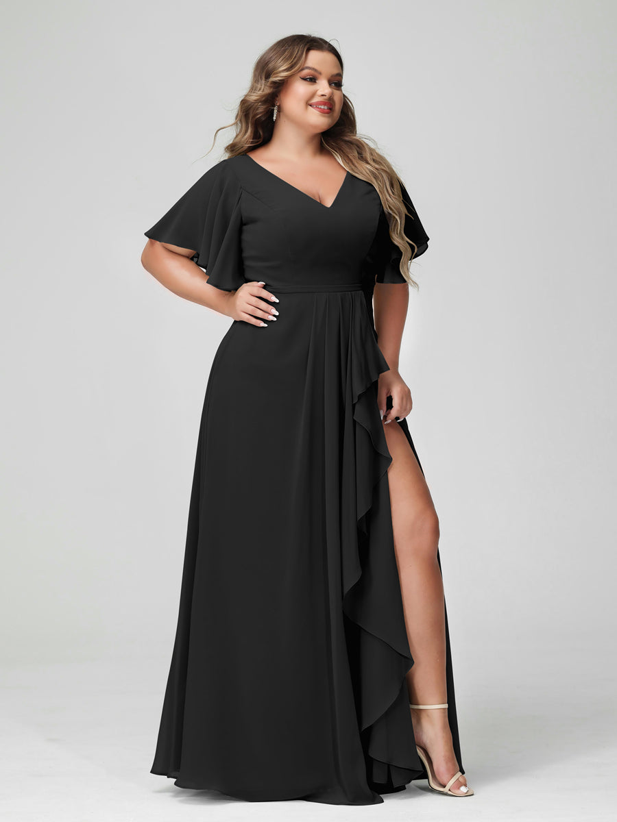 A-Linie/Prinzessin V-Ausschnitt Halbe Ärmel Chiffon Rüschen Brautjungfernkleider In Übergröße mit Seitlichem Schlitz