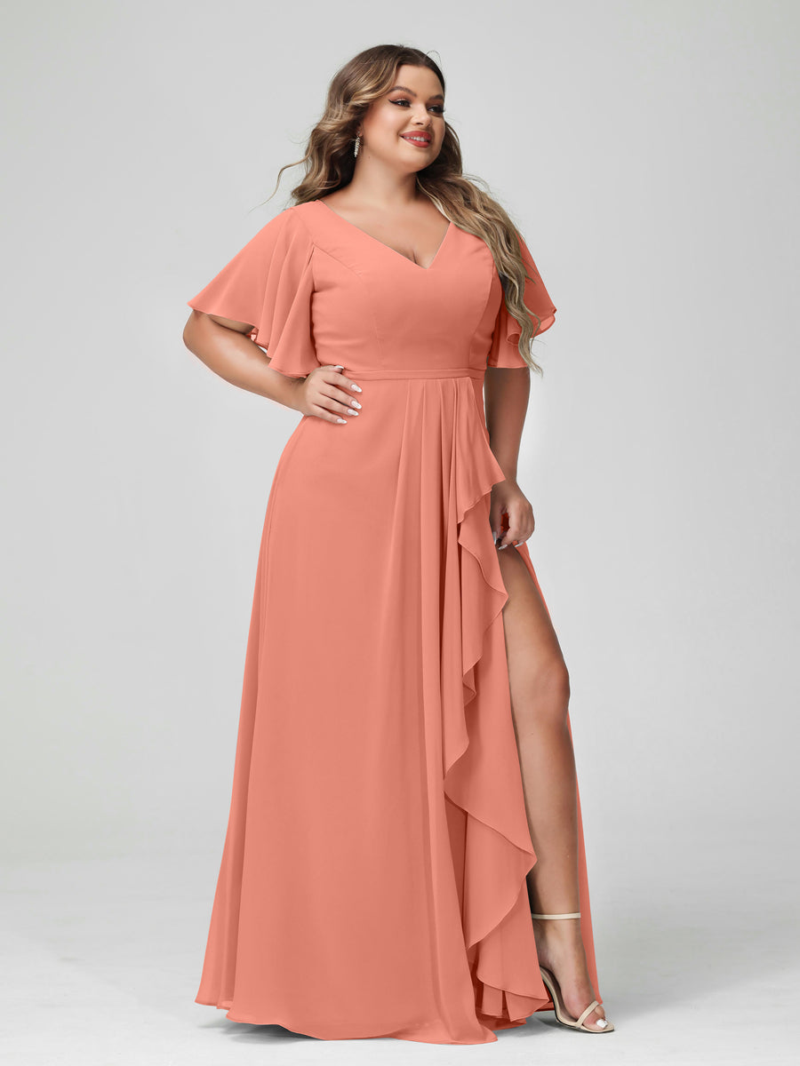 A-Linie/Prinzessin V-Ausschnitt Halbe Ärmel Chiffon Rüschen Brautjungfernkleider In Übergröße mit Seitlichem Schlitz