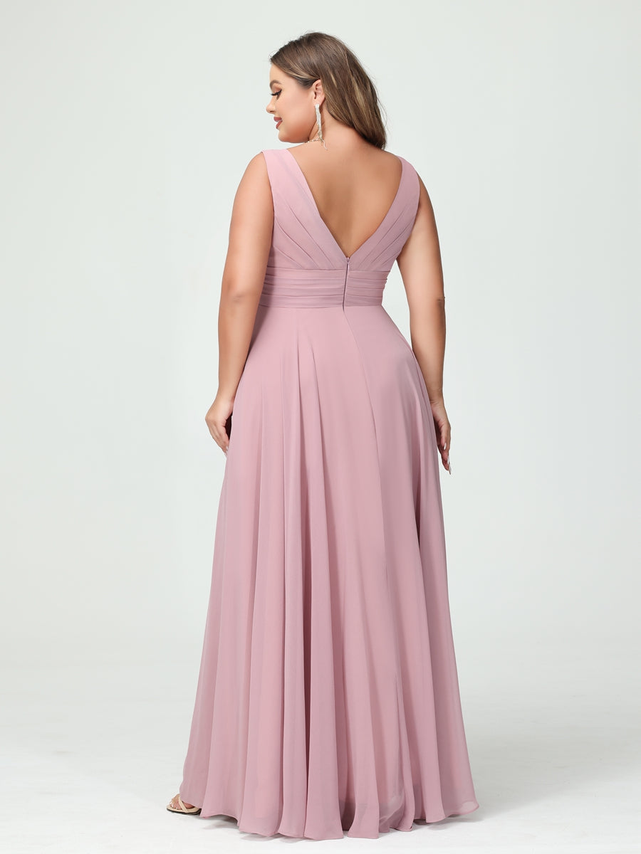 A-Linie/Prinzessin V-Ausschnitt Ärmellos Chiffon Rüschen Brautjungfernkleider In Übergröße mit Taschen