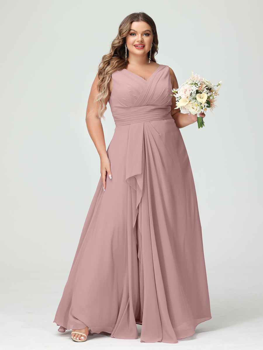 A-Linie/Prinzessin V-Ausschnitt Ärmellos Chiffon Rüschen Brautjungfernkleider In Übergröße mit Taschen