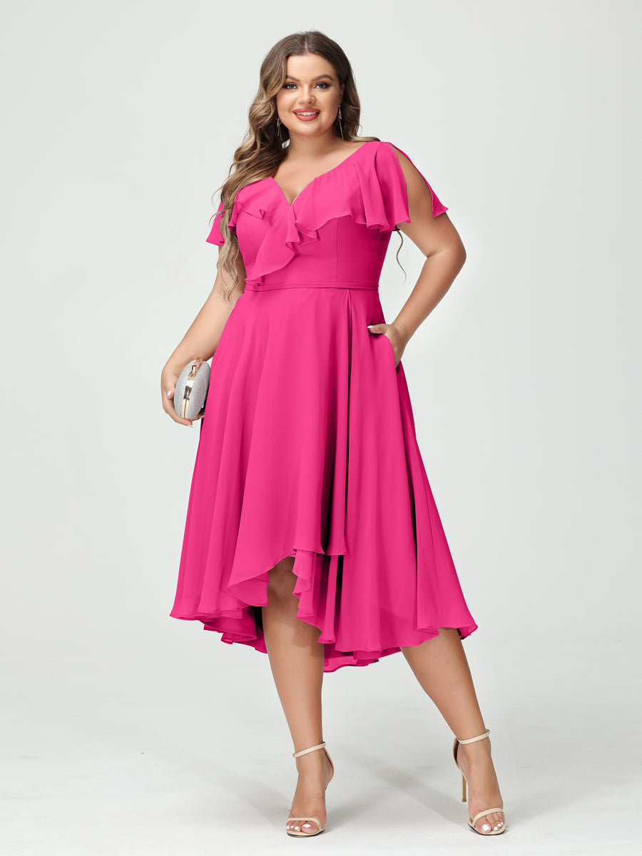 A-Linie/Prinzessin V-Ausschnitt Kurze Ärmel Chiffon Rüschen Hoch-Tief Übergröße Brautjungfernkleider mit Taschen