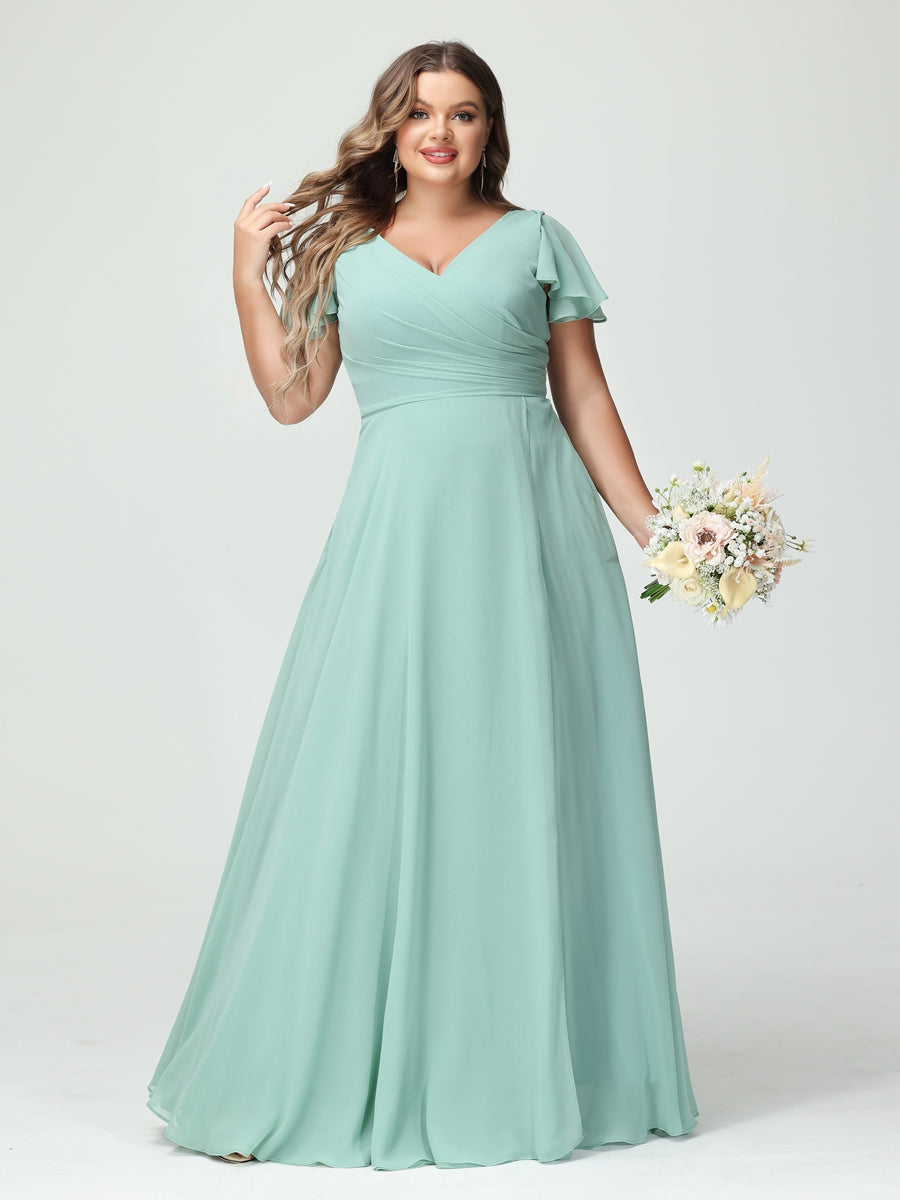 A-Linie/Prinzessin V-Ausschnitt Kurze Ärmel Chiffon Seitlich Geschlitzt Übergröße Brautjungfernkleider mit Taschen