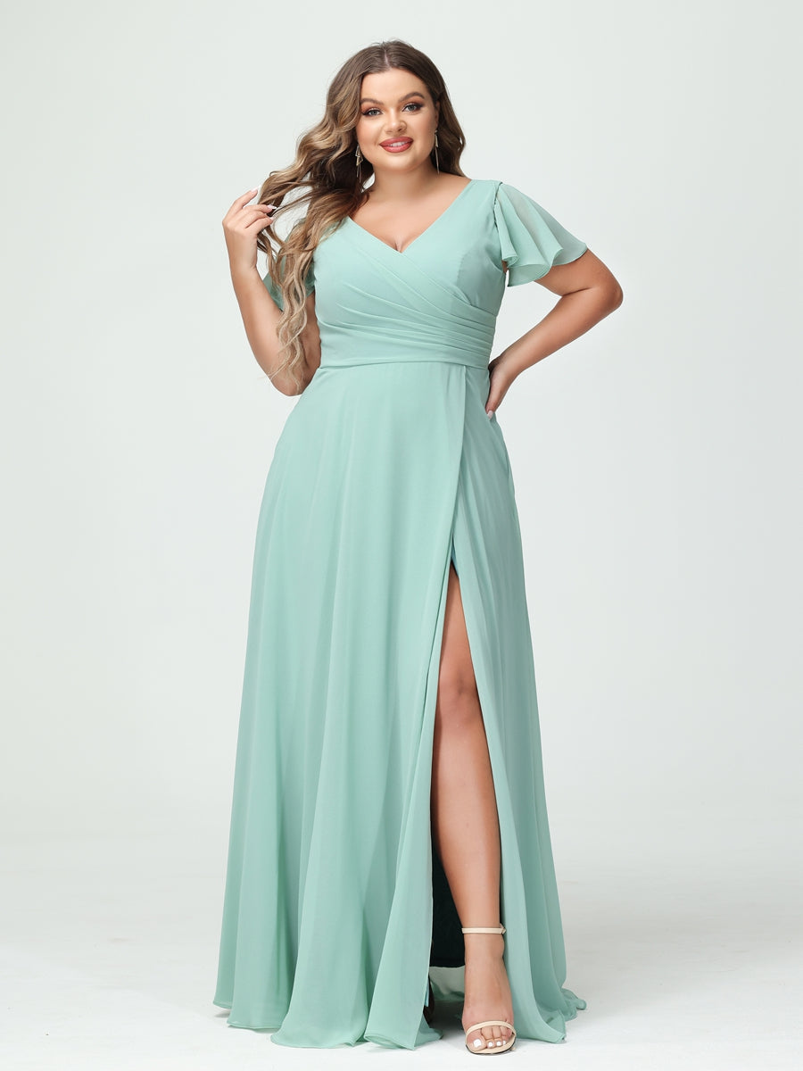 A-Linie/Prinzessin V-Ausschnitt Kurze Ärmel Chiffon Seitlich Geschlitzt Übergröße Brautjungfernkleider mit Taschen