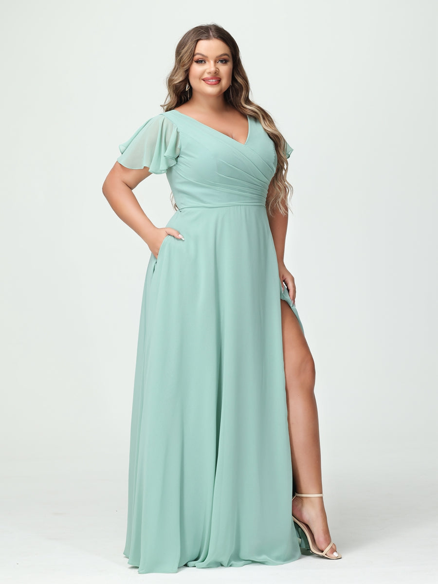 A-Linie/Prinzessin V-Ausschnitt Kurze Ärmel Chiffon Seitlich Geschlitzt Übergröße Brautjungfernkleider mit Taschen