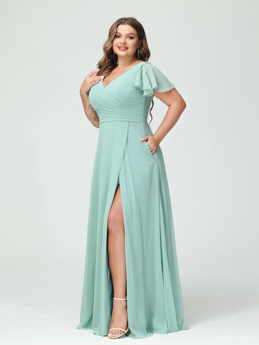 A-Linie/Prinzessin V-Ausschnitt Kurze Ärmel Chiffon Seitlich Geschlitzt Übergröße Brautjungfernkleider mit Taschen