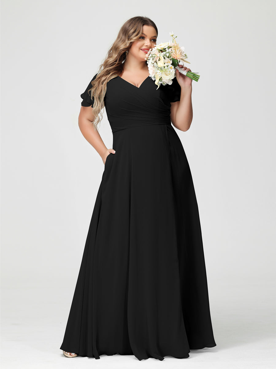 A-Linie/Prinzessin V-Ausschnitt Kurze Ärmel Chiffon Seitlich Geschlitzt Übergröße Brautjungfernkleider mit Taschen