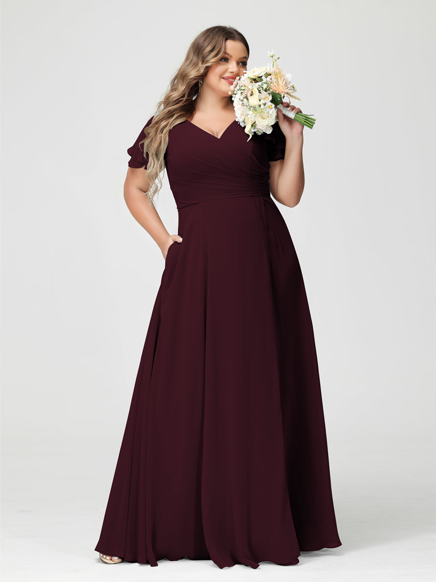 A-Linie/Prinzessin V-Ausschnitt Kurze Ärmel Chiffon Seitlich Geschlitzt Übergröße Brautjungfernkleider mit Taschen