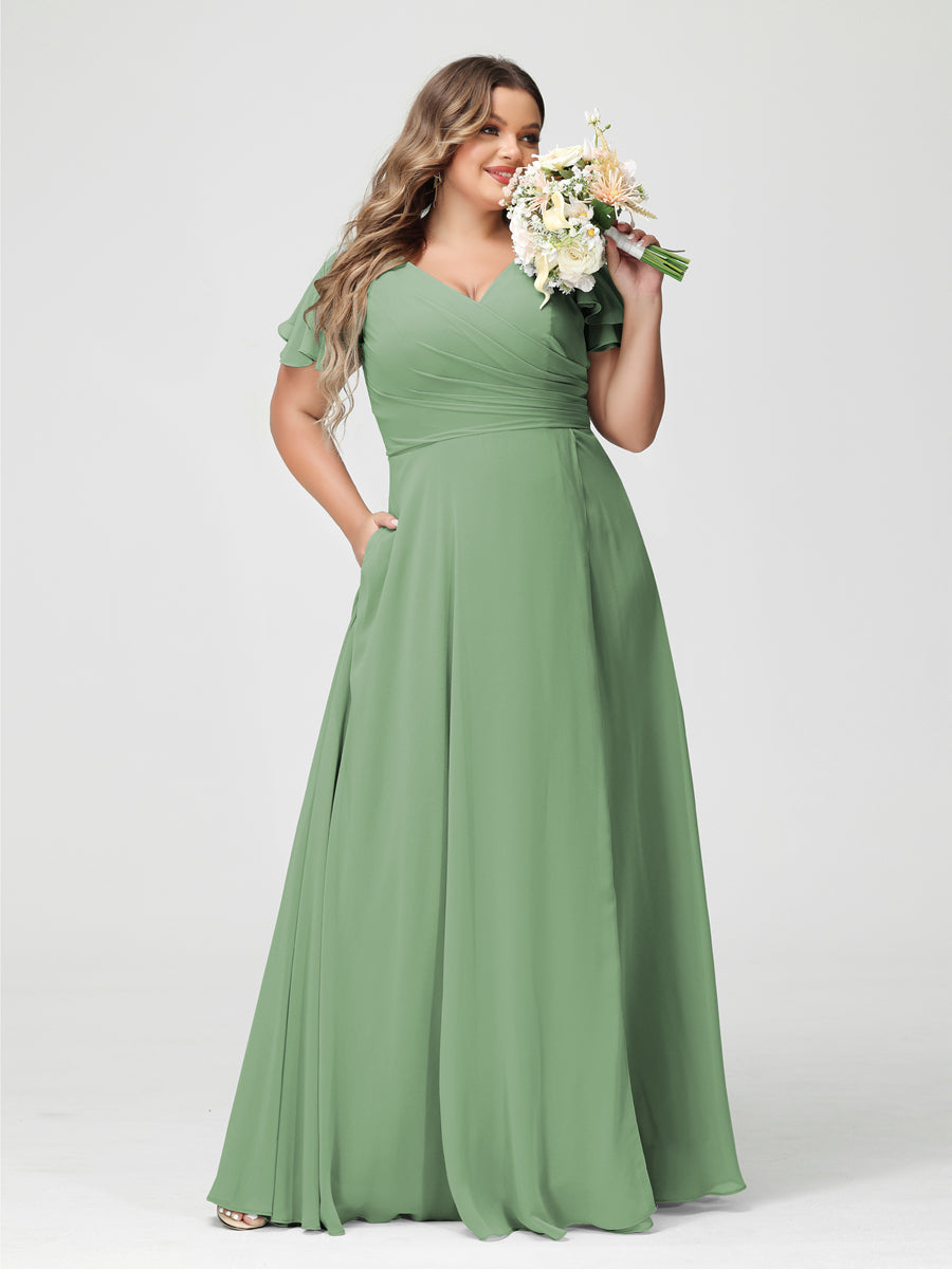 A-Linie/Prinzessin V-Ausschnitt Kurze Ärmel Chiffon Seitlich Geschlitzt Übergröße Brautjungfernkleider mit Taschen