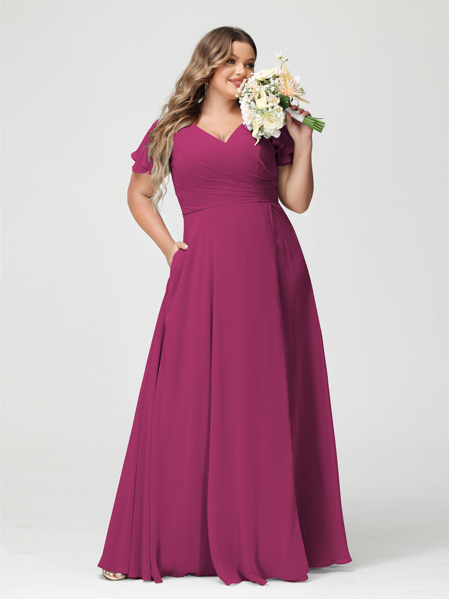 A-Linie/Prinzessin V-Ausschnitt Kurze Ärmel Chiffon Seitlich Geschlitzt Übergröße Brautjungfernkleider mit Taschen