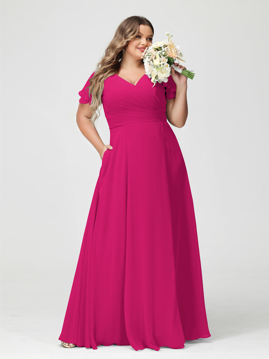 A-Linie/Prinzessin V-Ausschnitt Kurze Ärmel Chiffon Seitlich Geschlitzt Übergröße Brautjungfernkleider mit Taschen