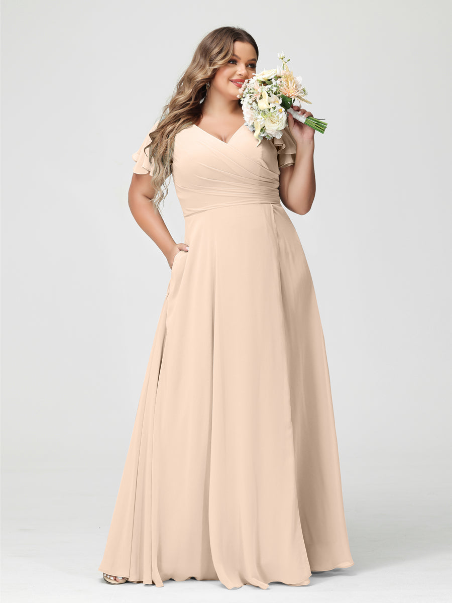 A-Linie/Prinzessin V-Ausschnitt Kurze Ärmel Chiffon Seitlich Geschlitzt Übergröße Brautjungfernkleider mit Taschen