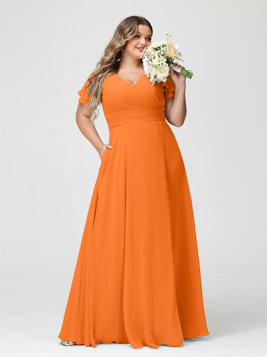 A-Linie/Prinzessin V-Ausschnitt Kurze Ärmel Chiffon Seitlich Geschlitzt Übergröße Brautjungfernkleider mit Taschen