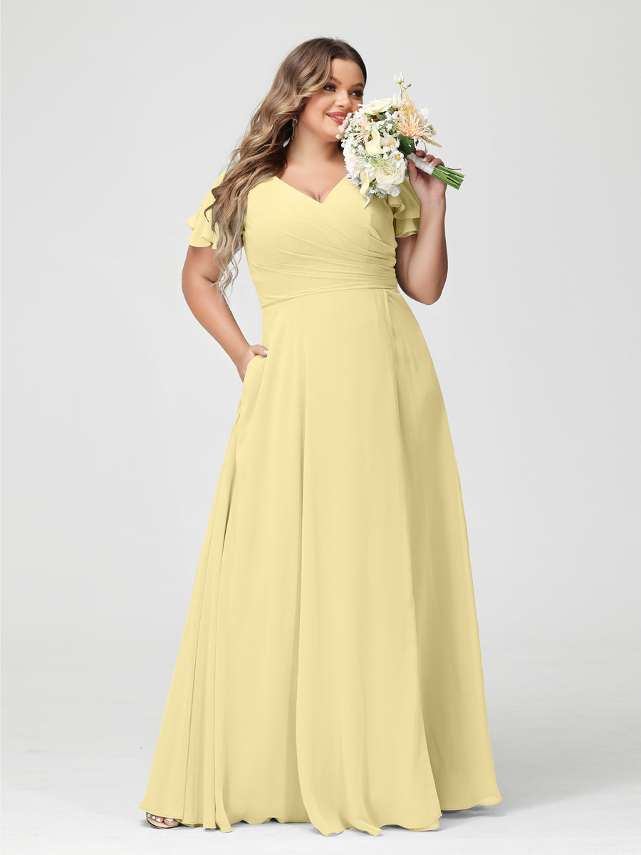 A-Linie/Prinzessin V-Ausschnitt Kurze Ärmel Chiffon Seitlich Geschlitzt Übergröße Brautjungfernkleider mit Taschen