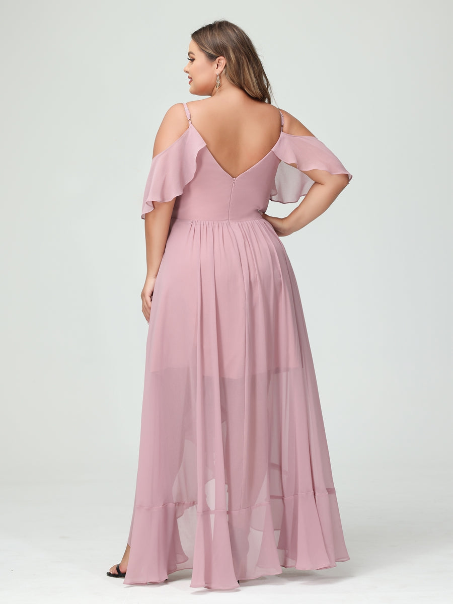 A-Linie/Princess-Linie Spaghettiträger V-Ausschnitt Kurze Ärmel Chiffon Rüschen Asymmetrisch Brautjungfernkleider In Übergröße