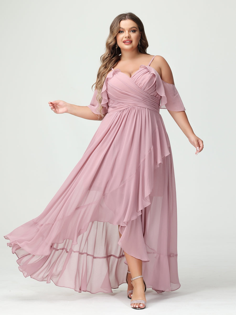 A-Linie/Princess-Linie Spaghettiträger V-Ausschnitt Kurze Ärmel Chiffon Rüschen Asymmetrisch Brautjungfernkleider In Übergröße