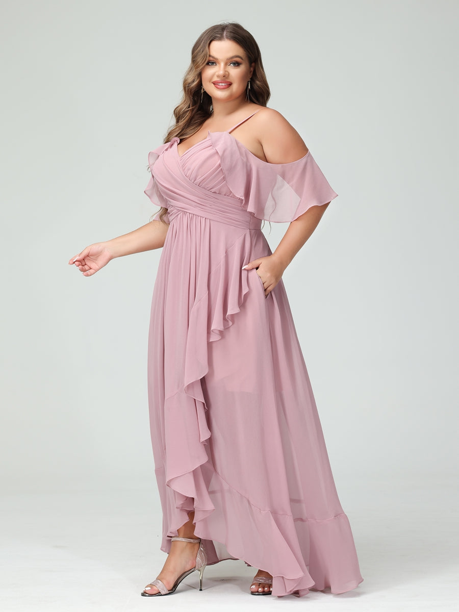 A-Linie/Princess-Linie Spaghettiträger V-Ausschnitt Kurze Ärmel Chiffon Rüschen Asymmetrisch Brautjungfernkleider In Übergröße