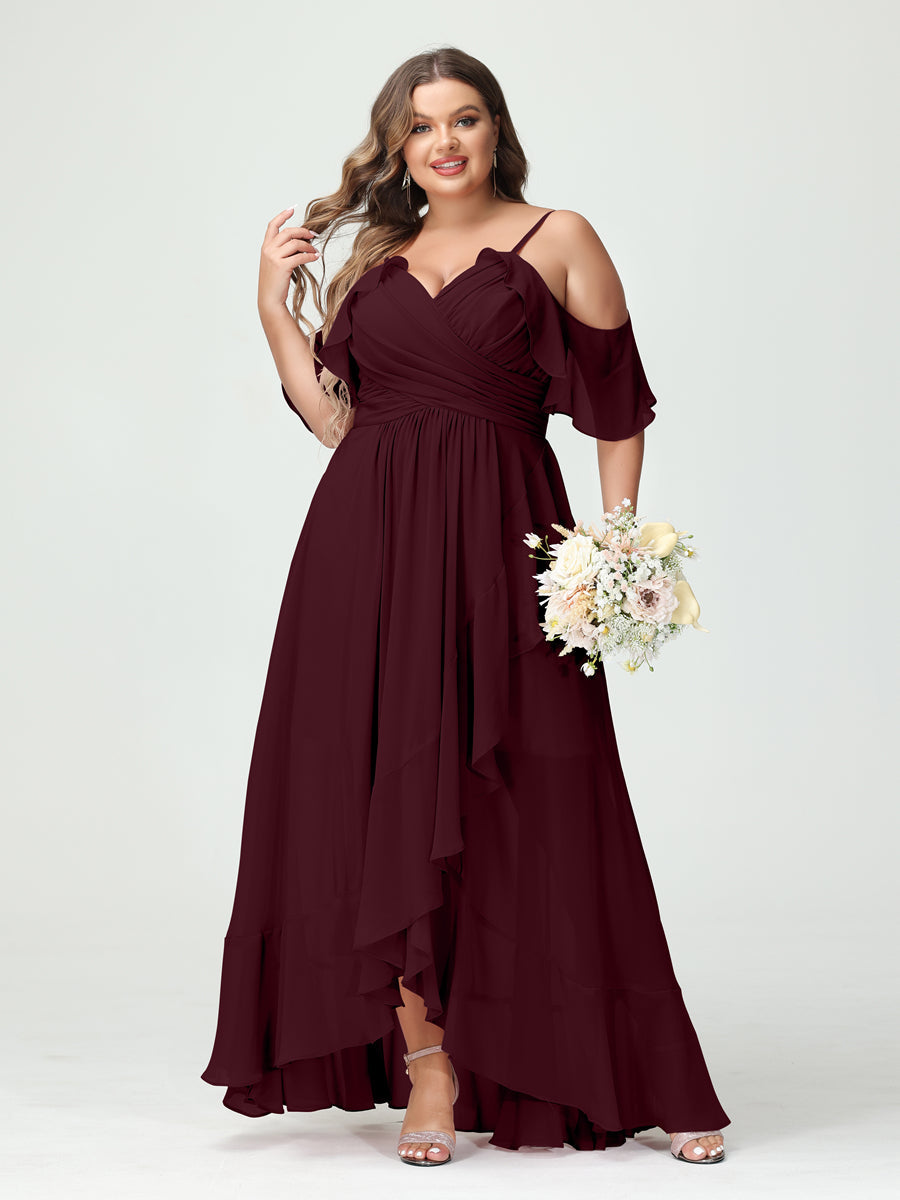 A-Linie/Princess-Linie Spaghettiträger V-Ausschnitt Kurze Ärmel Chiffon Rüschen Asymmetrisch Brautjungfernkleider In Übergröße
