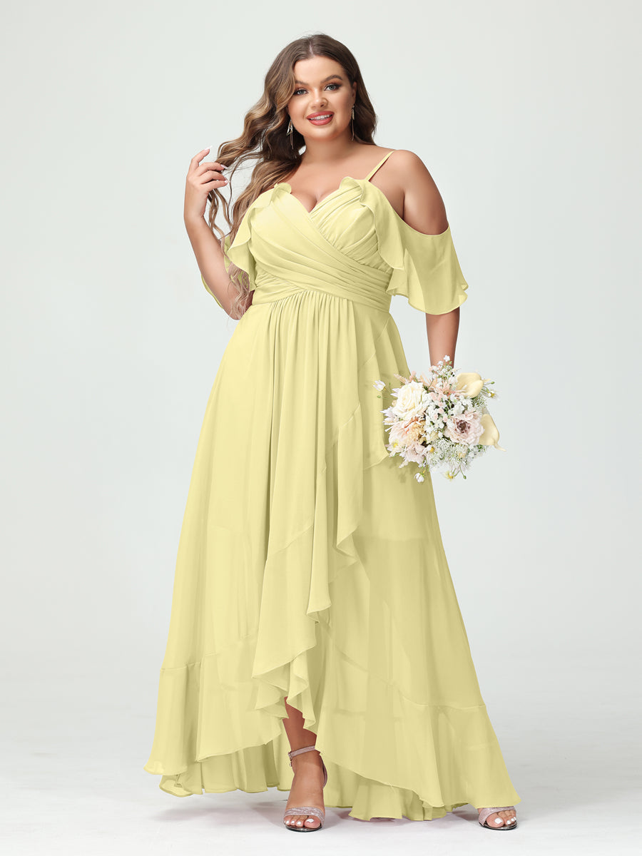 A-Linie/Princess-Linie Spaghettiträger V-Ausschnitt Kurze Ärmel Chiffon Rüschen Asymmetrisch Brautjungfernkleider In Übergröße