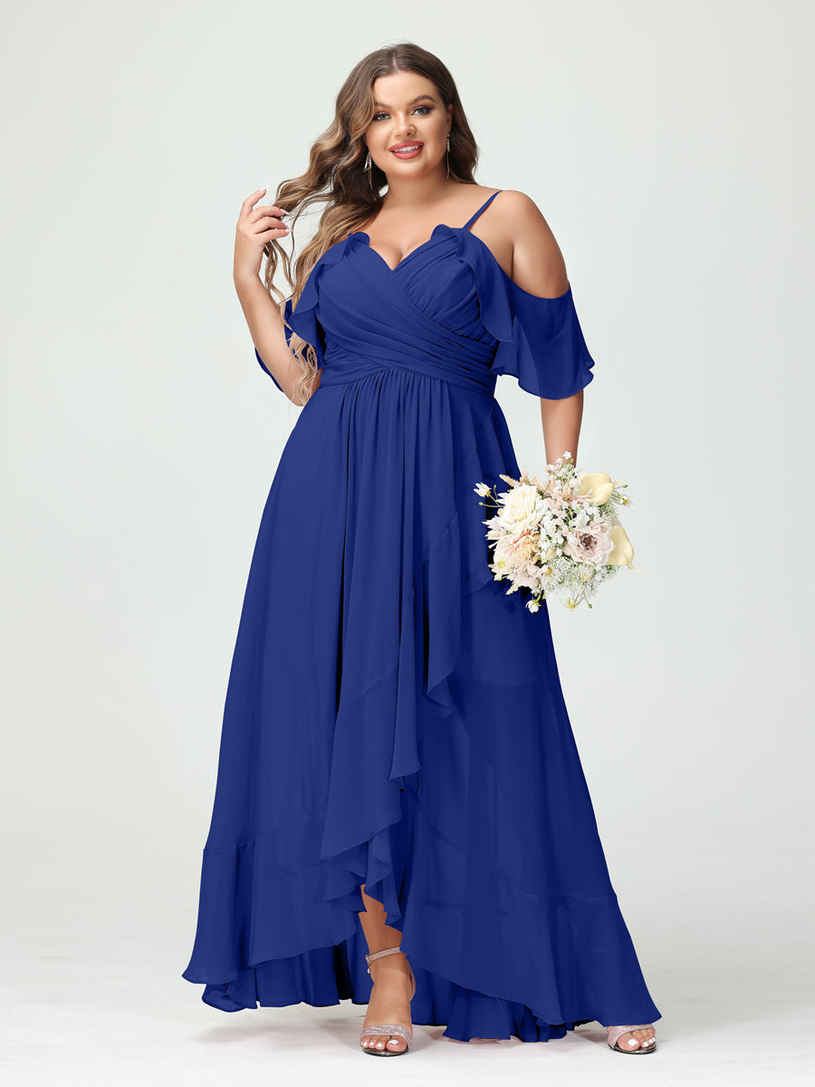 A-Linie/Princess-Linie Spaghettiträger V-Ausschnitt Kurze Ärmel Chiffon Rüschen Asymmetrisch Brautjungfernkleider In Übergröße