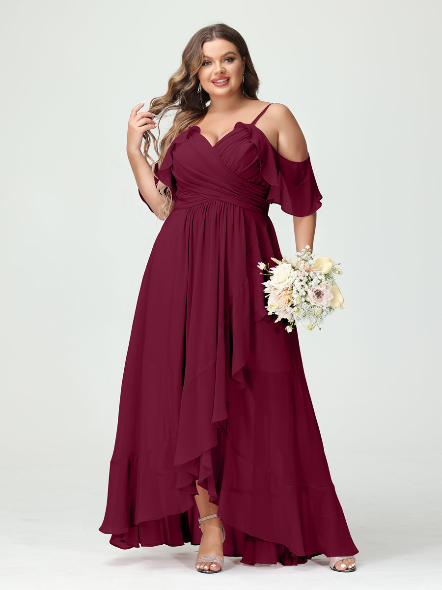 A-Linie/Princess-Linie Spaghettiträger V-Ausschnitt Kurze Ärmel Chiffon Rüschen Asymmetrisch Brautjungfernkleider In Übergröße