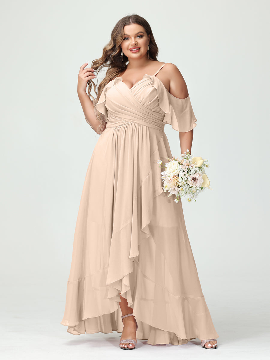 A-Linie/Princess-Linie Spaghettiträger V-Ausschnitt Kurze Ärmel Chiffon Rüschen Asymmetrisch Brautjungfernkleider In Übergröße