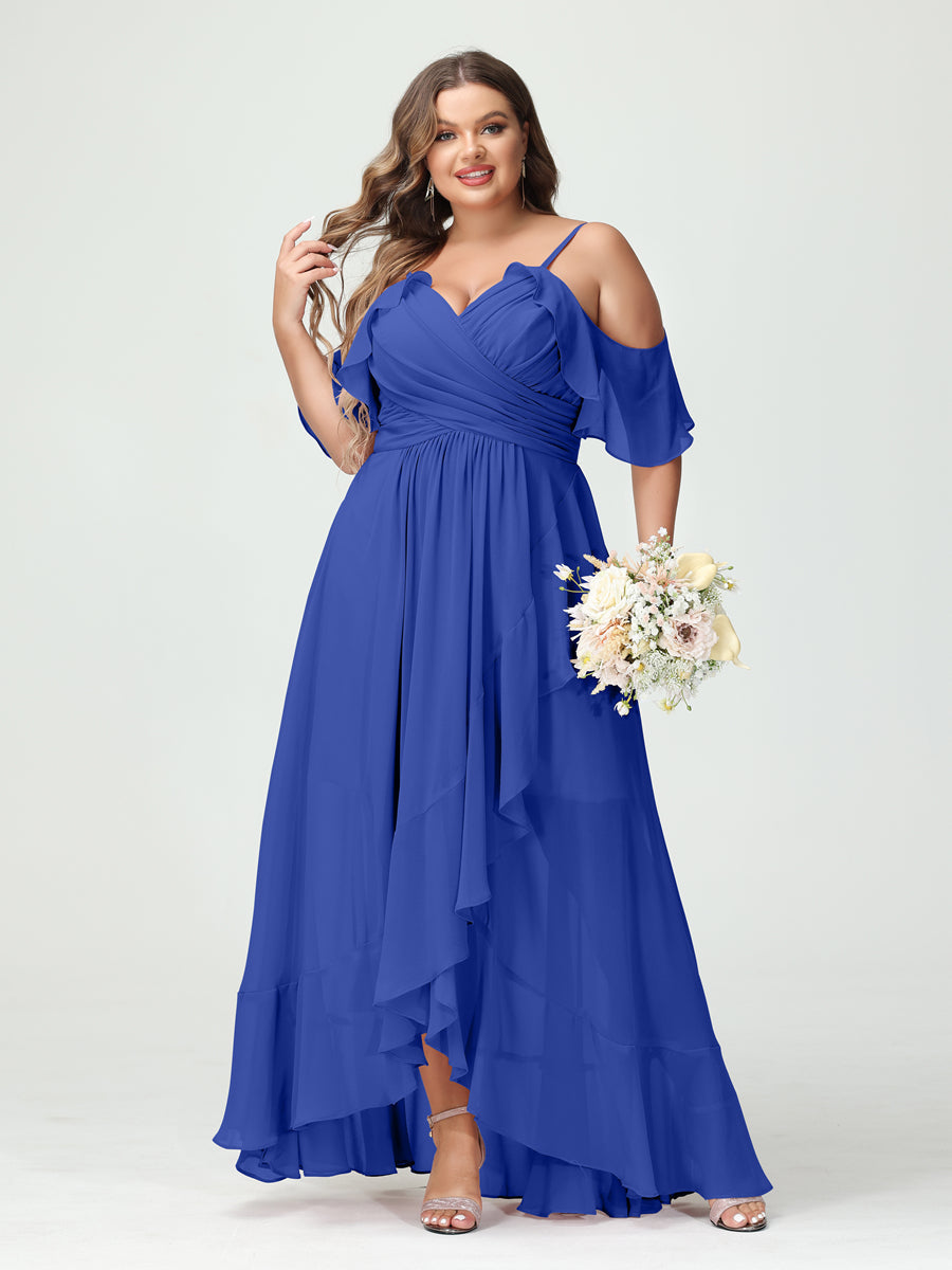 A-Linie/Princess-Linie Spaghettiträger V-Ausschnitt Kurze Ärmel Chiffon Rüschen Asymmetrisch Brautjungfernkleider In Übergröße