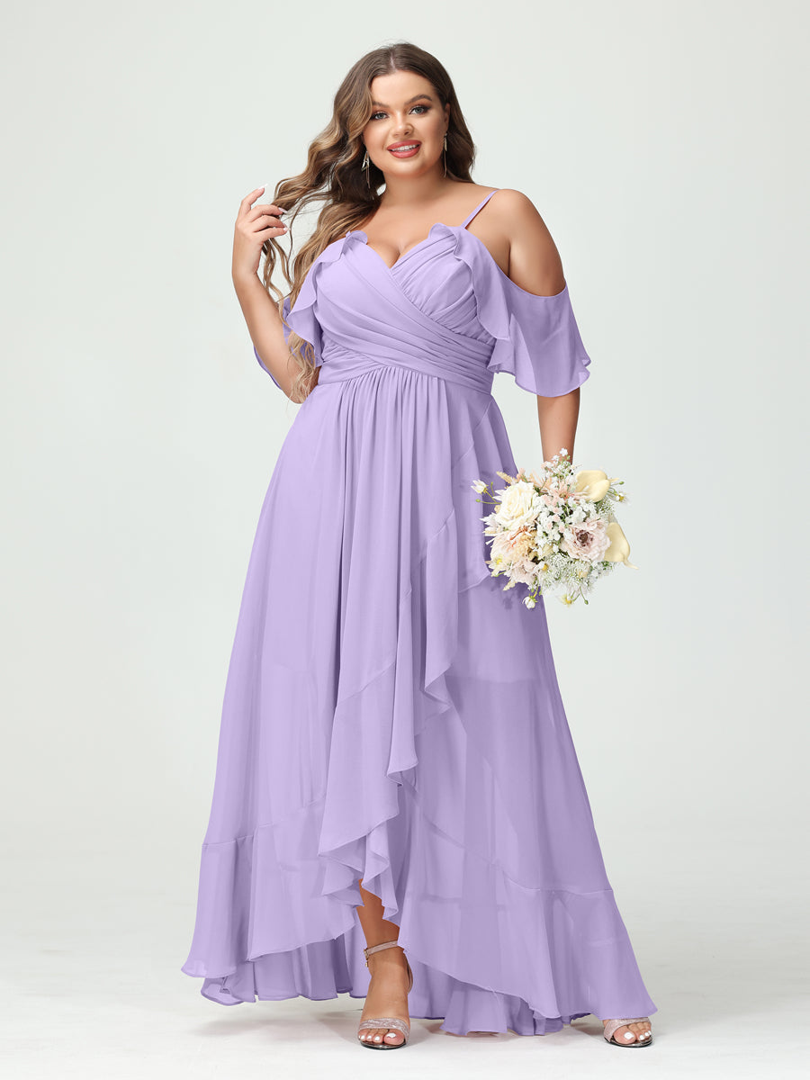 A-Linie/Princess-Linie Spaghettiträger V-Ausschnitt Kurze Ärmel Chiffon Rüschen Asymmetrisch Brautjungfernkleider In Übergröße