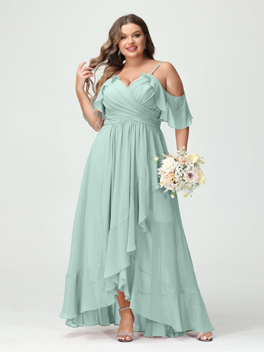 A-Linie/Princess-Linie Spaghettiträger V-Ausschnitt Kurze Ärmel Chiffon Rüschen Asymmetrisch Brautjungfernkleider In Übergröße