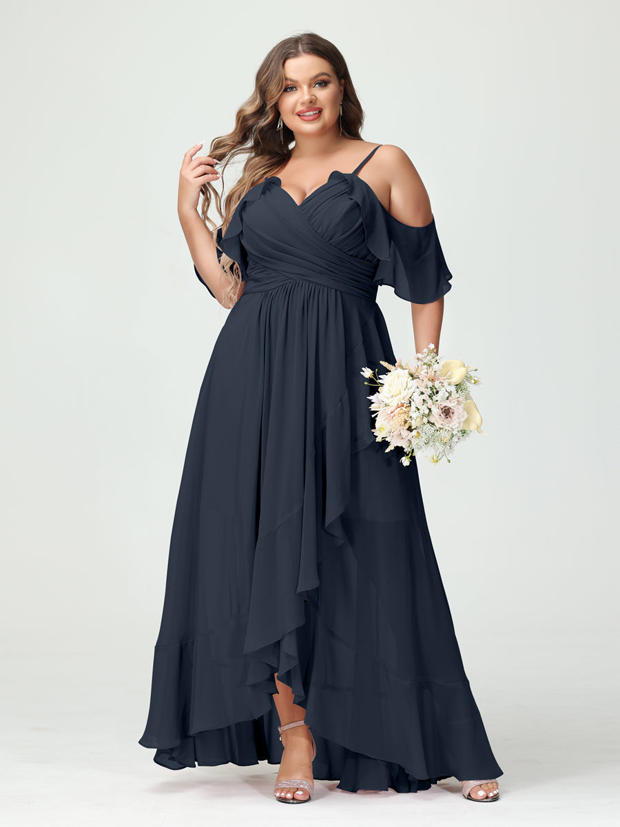 A-Linie/Princess-Linie Spaghettiträger V-Ausschnitt Kurze Ärmel Chiffon Rüschen Asymmetrisch Brautjungfernkleider In Übergröße