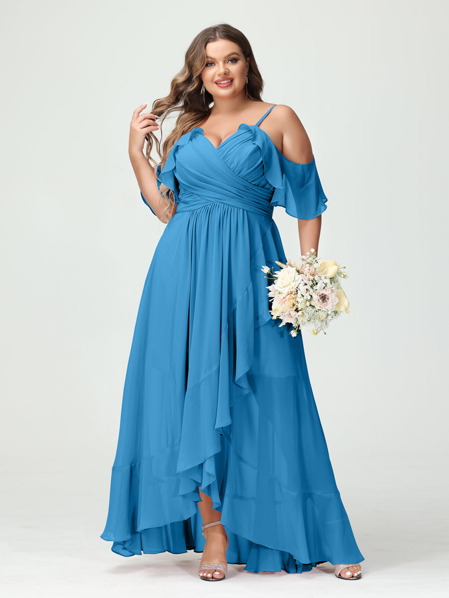 A-Linie/Princess-Linie Spaghettiträger V-Ausschnitt Kurze Ärmel Chiffon Rüschen Asymmetrisch Brautjungfernkleider In Übergröße