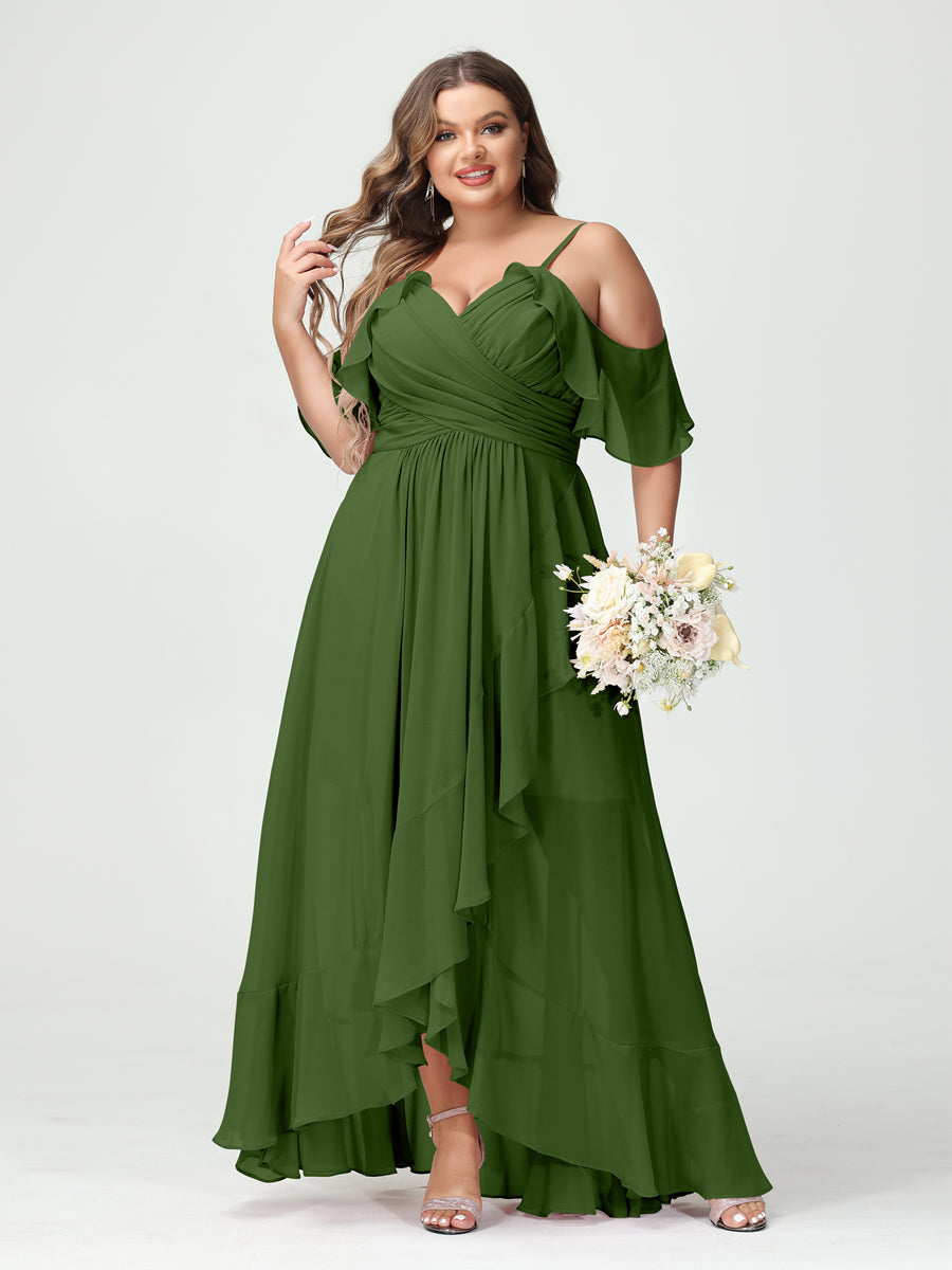 A-Linie/Princess-Linie Spaghettiträger V-Ausschnitt Kurze Ärmel Chiffon Rüschen Asymmetrisch Brautjungfernkleider In Übergröße
