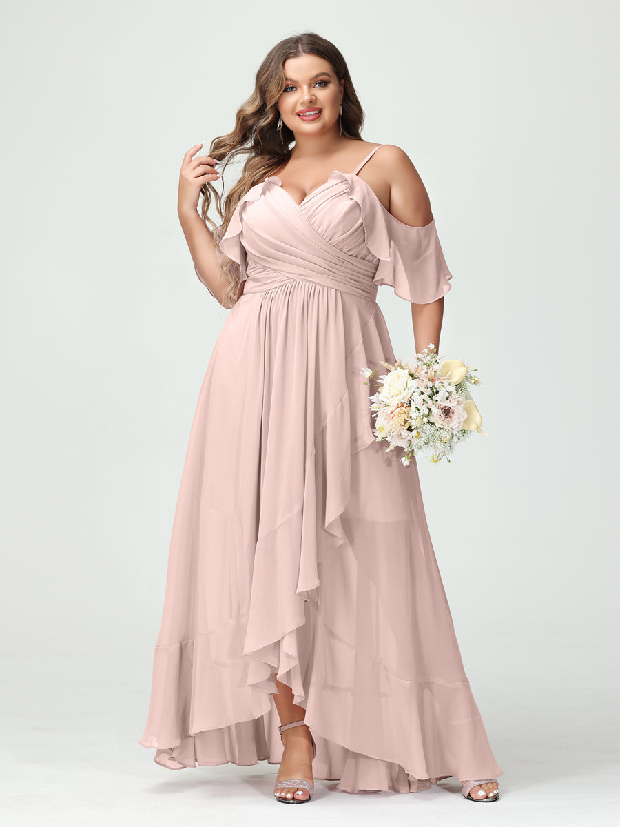 A-Linie/Princess-Linie Spaghettiträger V-Ausschnitt Kurze Ärmel Chiffon Rüschen Asymmetrisch Brautjungfernkleider In Übergröße