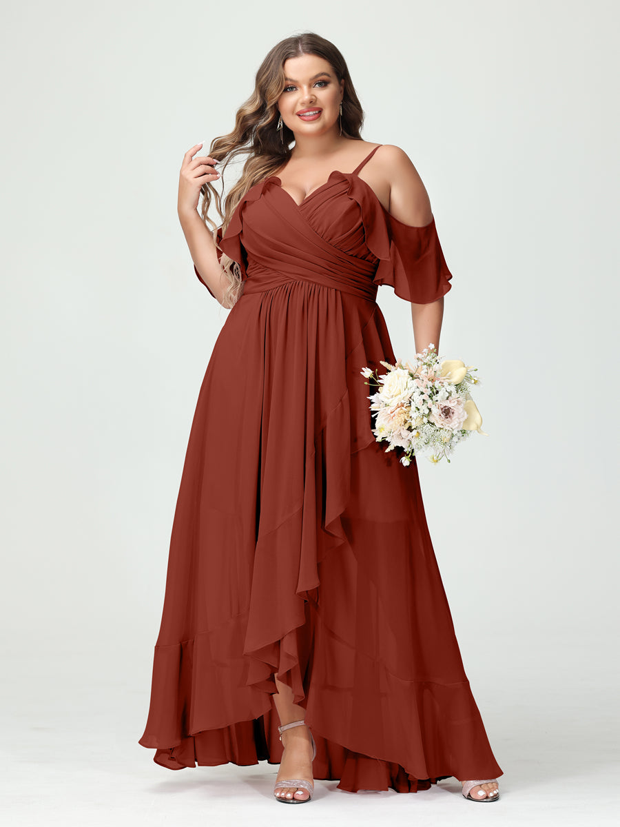 A-Linie/Princess-Linie Spaghettiträger V-Ausschnitt Kurze Ärmel Chiffon Rüschen Asymmetrisch Brautjungfernkleider In Übergröße